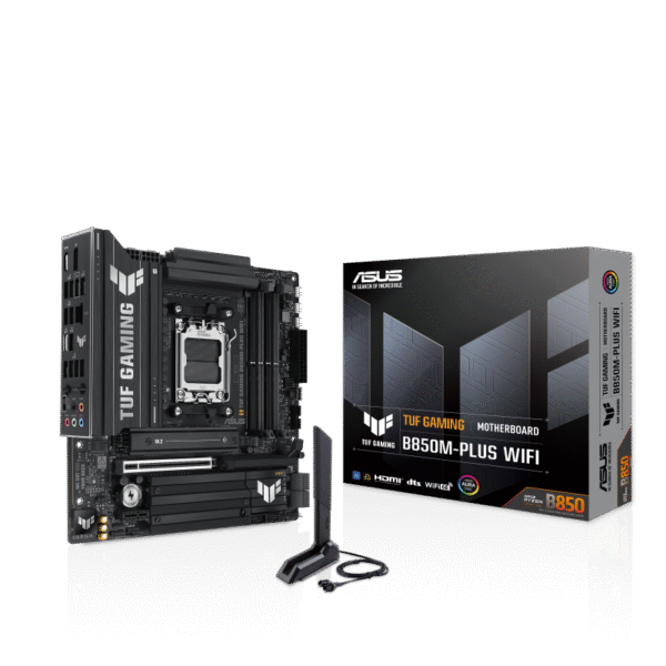 Asus Tuf Gaming B850M-Plus Wifi AMD AM5 B850 mATX Motherboard, 14+2+1 80A DrMOS Stages, DDR5, PCIe 5.0, 3X M.2, Wi-Fi 6E, 2.5Gb LAN, DP, HDMI, USB 10Gbps & 20Gbps Type-C, BIOS Flashback, Aura Sync